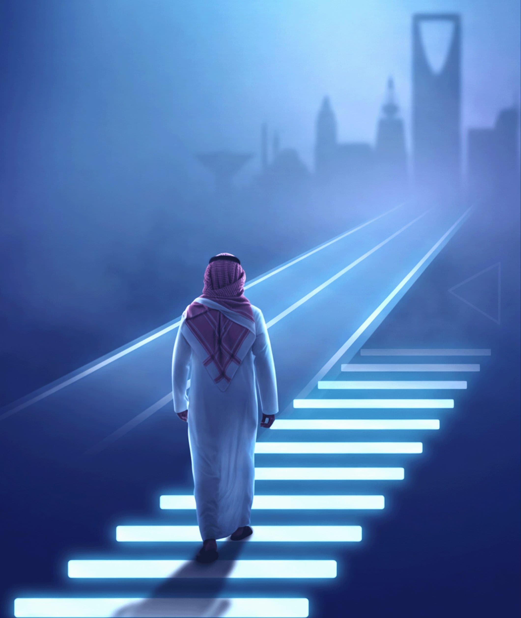 رجل أعمال سعودي يصعد درجًا مضيئًا نحو أفق الرياض